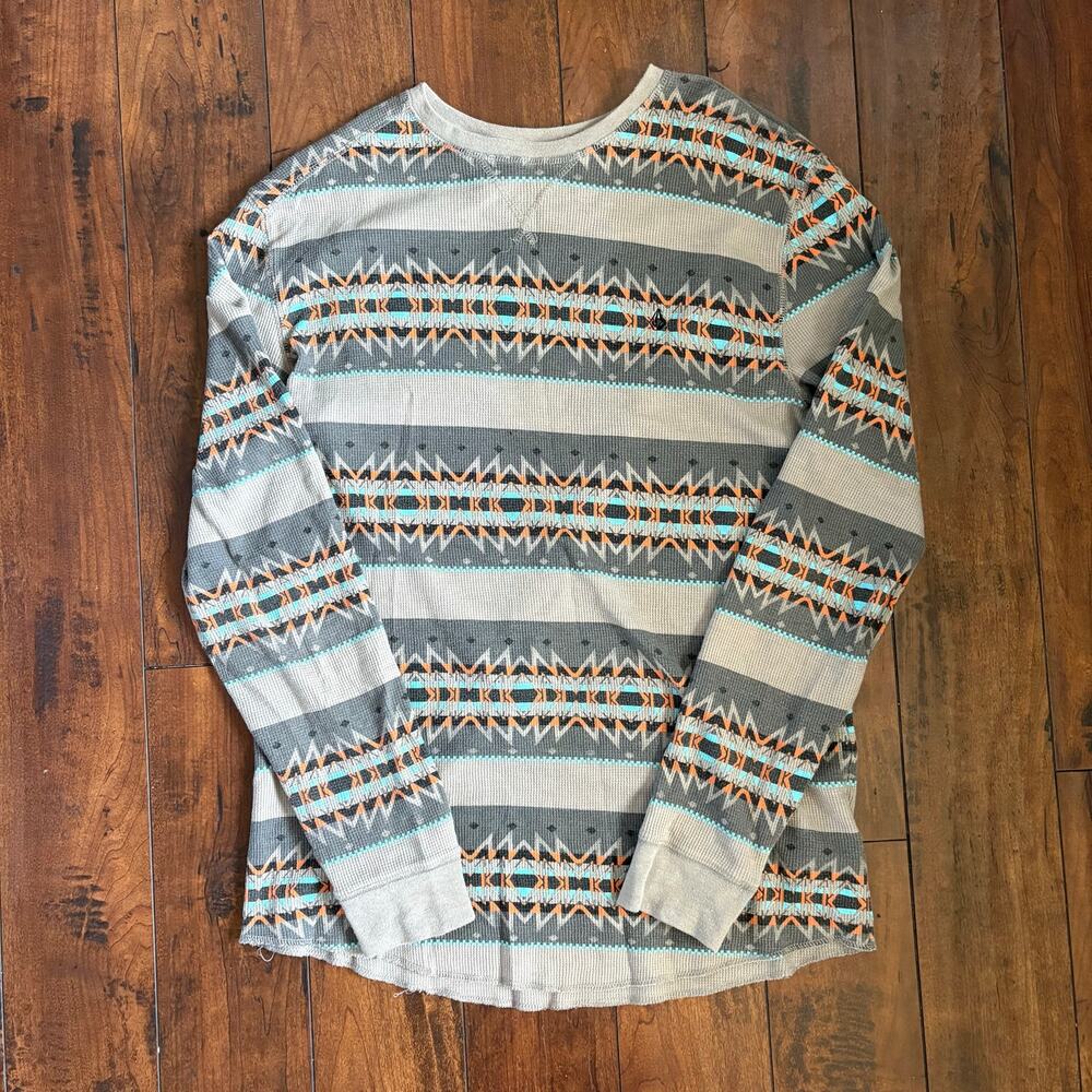 Y2K Skater Volcom Thermal Shirt Mens XL Gray Longsleeve Aztec Stripes 2000s